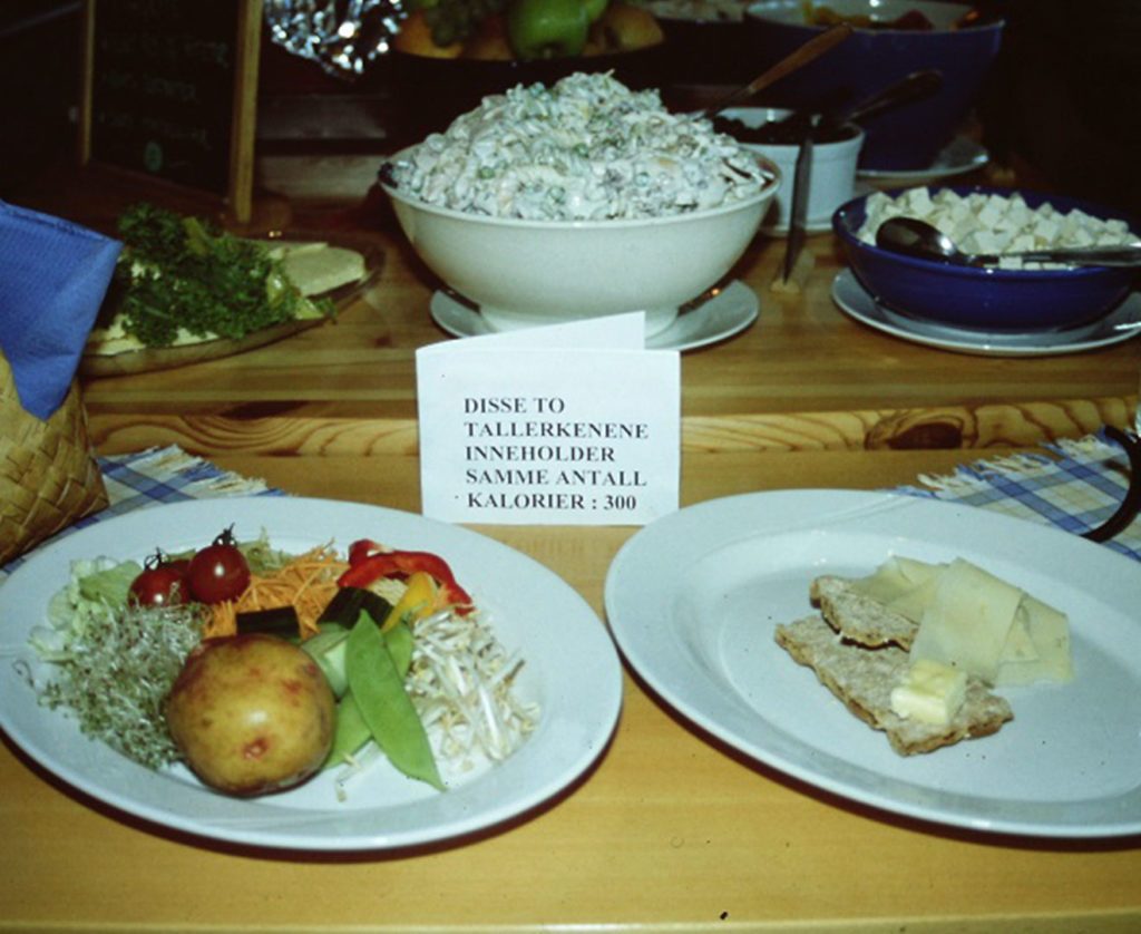 eksempler på to porsjoner mat med samme kaloriinnhold (full tallerken med råkost og to knekkebrød med hvitost)